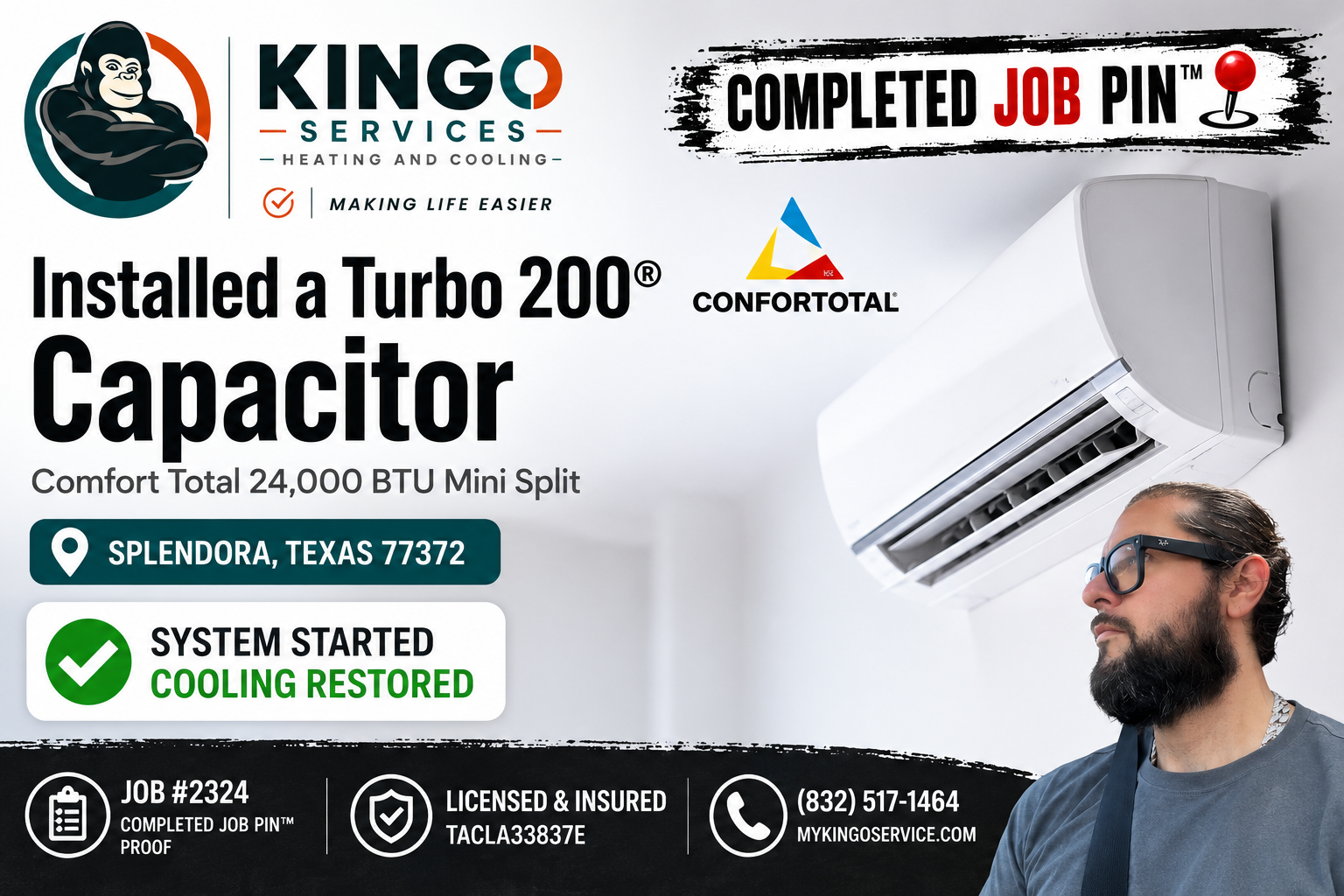 Completed Job Pin proof for Job 2324 Turbo 200 capacitor installation in Splendora Texas